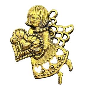 Vintage Camco Guardian Angel Heart Gold Tone Enamel Lapel Pin Brooch